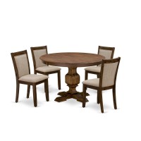 East West Furniture 5-Piece Dinner Table Set - Pedestal Dining Table And 4 Light Tan Color Parson Dining Chairs With High Back - Antique Walnut Finish