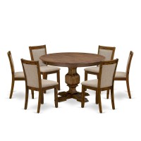 East West Furniture 7-Pc Dining Table Set - Modern Pedestal Dining Table And 6 Light Tan Color Parson Dining Chairs With High Back - Antique Walnut Finish
