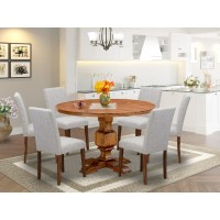 East West Furniture 7-Pc Dinner Table Set - Wooden Dining Table And 6 Doeskin Color Parson Wooden Chairs With High Back - Antique Walnut Finish
