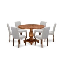 East West Furniture 7-Pc Dinner Table Set - Wooden Dining Table And 6 Doeskin Color Parson Wooden Chairs With High Back - Antique Walnut Finish