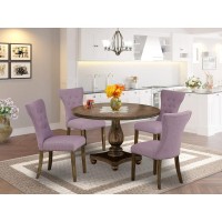 East West Furniture 5 Piece Kitchen Dining Table Set Contains A Modern Dining Table And 4 Dahlia Linen Fabric Modern Chairs With Button Tufted Back - Distressed Jacobean Finish