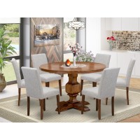 East West Furniture 7-Piece Modern Dining Set - Dinner Table And 6 Doeskin Color Parson Chairs With High Back - Antique Walnut Finish