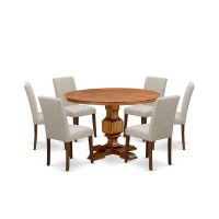 East West Furniture 7-Piece Modern Dining Set - Dinner Table And 6 Doeskin Color Parson Chairs With High Back - Antique Walnut Finish