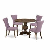 East West Furniture 5 Piece Dining Room Table Set Includes A Dining Room Table And 4 Dahlia Linen Fabric Dining Room Chairs With Button Tufted Back - Distressed Jacobean Finish