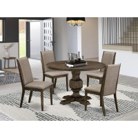 East West Furniture 5 Piece Modern Dining Set Contains A Dinner Table And 4 Dark Khaki Linen Fabric Modern Dining Chairs With High Back - Distressed Jacobean Finish