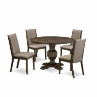 East West Furniture 5 Piece Modern Dining Set Contains A Dinner Table And 4 Dark Khaki Linen Fabric Modern Dining Chairs With High Back - Distressed Jacobean Finish