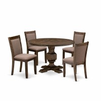 East West Furniture 5-Pc Dining Set - Round Dining Table And 4 Coffee Color Parson Wooden Chairs With High Back - Distressed Jacobean Finish