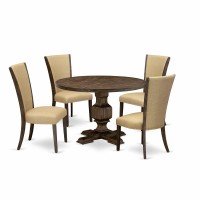 East West Furniture 5-Piece Modern Dining Set - Dining Table And 4 Brown Color Parson Padded Chairs With High Back - Distressed Jacobean Finish