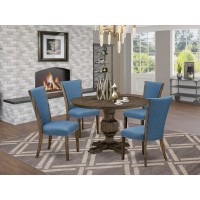 East West Furniture 5-Pc Kitchen Dining Table Set - Round Modern Dining Table And 4 Blue Color Parson Wood Dining Chairs With High Back - Distressed Jacobean Finish