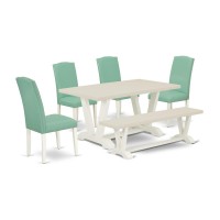East West Furniture 6 Pc Dining Room Set Contains A Linen White Dining Table And A Mid Century Bench, 4 Pond Pu Leather Dining Chairs With High Back - Wire Brushed Linen White Finish