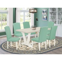 East West Furniture 7 Pc Mid Century Dining Set Consists Of A Linen White Wood Table And 6 Pond Pu Leather Upholstered Dining Chairs With High Back - Wire Brushed Linen White Finish