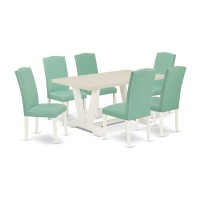 East West Furniture 7 Pc Mid Century Dining Set Consists Of A Linen White Wood Table And 6 Pond Pu Leather Upholstered Dining Chairs With High Back - Wire Brushed Linen White Finish