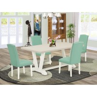 East West Furniture 5 Pc Mid Century Dining Set Consists Of A Linen White Wood Table And 4 Pond Pu Leather Upholstered Dining Chairs With High Back - Wire Brushed Linen White Finish