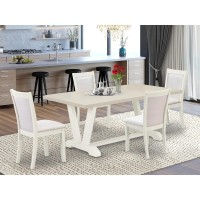 East West Furniture 5-Pc Modern Dining Set Includes A Mid Century Dining Table And 4 Cream Linen Fabric Upholstered Chairs With Stylish Back - Wire Brushed Linen White Finish