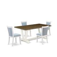 East West Furniture 5-Pc Kitchen Dining Table Set Contains A Dining Table And 4 Baby Blue Linen Fabric Upholstered Chairs With Stylish Back - Wire Brushed Linen White Finish