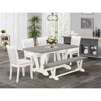 East West Furniture 6-Piece Dining Table Set Includes A Wood Dining Table - 4 Cream Linen Fabric Upholstered Chairs With Stylish Back And A Small Bench - Wire Brushed Linen White Finish