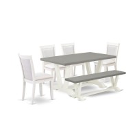 East West Furniture 6-Piece Dining Table Set Includes A Wood Dining Table - 4 Cream Linen Fabric Upholstered Chairs With Stylish Back And A Small Bench - Wire Brushed Linen White Finish