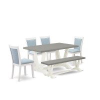 East West Furniture 6-Piece Dinner Table Set Includes A Modern Table - 4 Baby Blue Linen Fabric Dining Chairs With Stylish Back And A Small Bench - Wire Brushed Linen White Finish