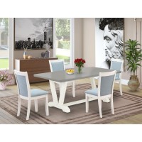 East West Furniture 5-Pc Dinner Dining Room Table Set Consists Of A Wood Dining Table And 4 Baby Blue Linen Fabric Dining Room Chairs With Stylish Back - Wire Brushed Linen White Finish