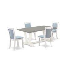 East West Furniture 5-Pc Dinner Dining Room Table Set Consists Of A Wood Dining Table And 4 Baby Blue Linen Fabric Dining Room Chairs With Stylish Back - Wire Brushed Linen White Finish