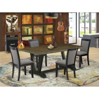 East West Furniture 5 Pc Dinner Table Set - Distressed Jacobean Top Dining Table With Trestle Base And 4 Dark Gotham Grey Linen Fabric Parson Chairs - Wire Brushed Black Finish