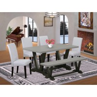 East West Furniture 6 Piece Dining Room Table Set Includes A Cement Dining Table And A Dining Room Bench, 4 Grey Linen Fabric Parsons Chairs With High Back - Wire Brushed Black Finish