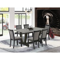 East West Furniture 7 Piece Mid Century Dining Set - A Cement Top Wood Dining Table With Trestle Base And 6 Dark Gotham Grey Linen Fabric Dining Room Chairs - Wire Brushed Black Finish