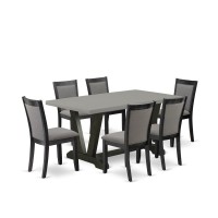 East West Furniture 7 Piece Mid Century Dining Set - A Cement Top Wood Dining Table With Trestle Base And 6 Dark Gotham Grey Linen Fabric Dining Room Chairs - Wire Brushed Black Finish