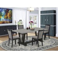 East West Furniture 5 Piece Table Set - A Cement Top Modern Dining Table With Trestle Base And 4 Dark Gotham Grey Linen Fabric Upholstered Dining Chairs - Wire Brushed Black Finish