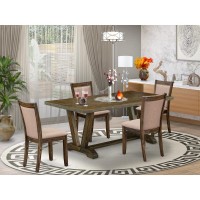 East West Furniture 5 Piece Dining Table Set - A Distressed Jacobean Top Dining Table With Trestle Base And 4 Dark Khaki Linen Fabric Dining Chairs - Distressed Jacobean Finish