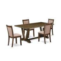 East West Furniture 5 Piece Dining Table Set - A Distressed Jacobean Top Dining Table With Trestle Base And 4 Dark Khaki Linen Fabric Dining Chairs - Distressed Jacobean Finish