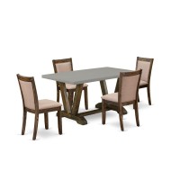 East West Furniture 5 Piece Modern Rustic Dining Table Set - A Cement Top Dinning Table With Trestle Base And 4 Dark Khaki Linen Fabric Kitchen Chairs - Distressed Jacobean Finish
