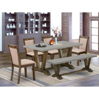 East West Furniture 6 Piece Dining Set- A Cement Top Mid Century Dining Table In Trestle Base With Dining Bench And 4 Dark Khaki Linen Fabric Kitchen Chairs - Distressed Jacobean Finish