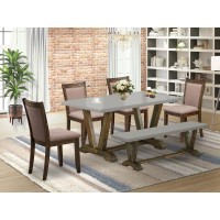 East West Furniture 6-Pc Dining Set - 4 Dining Room Chairs, A Small Bench And 1 Kitchen Dining Table (Distressed Jacobean Finish)