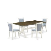East West Furniture 5-Pc Dining Set Contains A Dining Table And 4 Baby Blue Linen Fabric Parson Chairs With Stylish Back - Wire Brushed Linen White Finish
