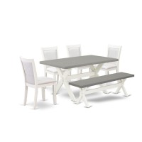East West Furniture 6-Piece Modern Dining Table Set Includes A Kitchen Table - 4 Cream Linen Fabric Dining Chairs With Stylish Back And A Dining Bench - Wire Brushed Linen White Finish