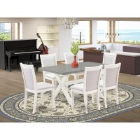 East West Furniture 7-Piece Table Set Includes A Wooden Kitchen Table And 6 Cream Linen Fabric Modern Dining Chairs With Stylish Back - Wire Brushed Linen White Finish