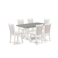 East West Furniture 7-Piece Table Set Includes A Wooden Kitchen Table And 6 Cream Linen Fabric Modern Dining Chairs With Stylish Back - Wire Brushed Linen White Finish