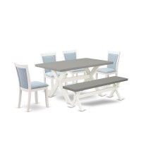 East West Furniture 6-Piece Kitchen Table Set Includes A Dinner Table - 4 Baby Blue Linen Fabric Parson Chairs With Stylish Back And A Dining Bench - Wire Brushed Linen White Finish