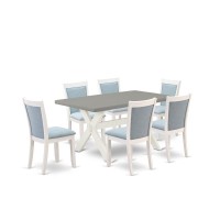 East West Furniture 7-Piece Dining Room Set Includes A Wooden Table And 6 Baby Blue Linen Fabric Upholstered Dining Chairs With Stylish Back - Wire Brushed Linen White Finish