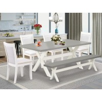 East West Furniture 6-Pc Dining Room Set Consists Of A Dinning Table - 4 Cream Linen Fabric Dining Chairs With Stylish Back And A Small Bench - Wire Brushed Linen White Finish