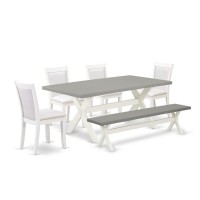 East West Furniture 6-Pc Dining Room Set Consists Of A Dinning Table - 4 Cream Linen Fabric Dining Chairs With Stylish Back And A Small Bench - Wire Brushed Linen White Finish