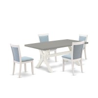 East West Furniture 5-Pc Modern Dining Table Set Consists Of A Wooden Kitchen Table And 4 Baby Blue Linen Fabric Parson Dining Chairs With Stylish Back - Wire Brushed Linen White Finish