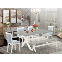 East West Furniture 6-Pc Dining Table Set Consists Of A Modern Dining Table - 4 Baby Blue Linen Fabric Dinner Chairs With Stylish Back And A Wooden Bench - Wire Brushed Linen White Finish