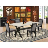 East West Furniture 5 Pc Dinner Table Set - Linen White Top Mid Century Dining Table With Trestle Base And 4 Dark Gotham Grey Linen Fabric Modern Dining Chairs - Wire Brushed Black Finish