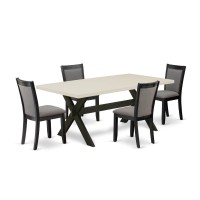 East West Furniture 5 Pc Dinner Table Set - Linen White Top Mid Century Dining Table With Trestle Base And 4 Dark Gotham Grey Linen Fabric Modern Dining Chairs - Wire Brushed Black Finish