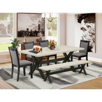East West Furniture 6 Pc Table Set - Linen White Top Dinner Table With A Wood Bench And 4 Dark Gotham Grey Linen Fabric Upholstered Dining Chairs - Wire Brushed Black Finish