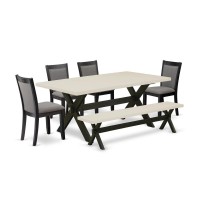 East West Furniture 6 Pc Table Set - Linen White Top Dinner Table With A Wood Bench And 4 Dark Gotham Grey Linen Fabric Upholstered Dining Chairs - Wire Brushed Black Finish