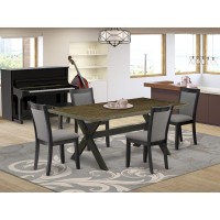 East West Furniture 5 Piece Dining Set - Distressed Jacobean Top Dining Table With Trestle Base And 4 Dark Gotham Grey Linen Fabric Upholstered Dining Chairs - Wire Brushed Black Finish
