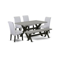 East West Furniture 6 Pc Dinner Table Set Consists Of A Cement Dining Table And A Dinning Bench, 4 Grey Linen Fabric Upholstered Dining Chairs With High Back - Wire Brushed Black Finish